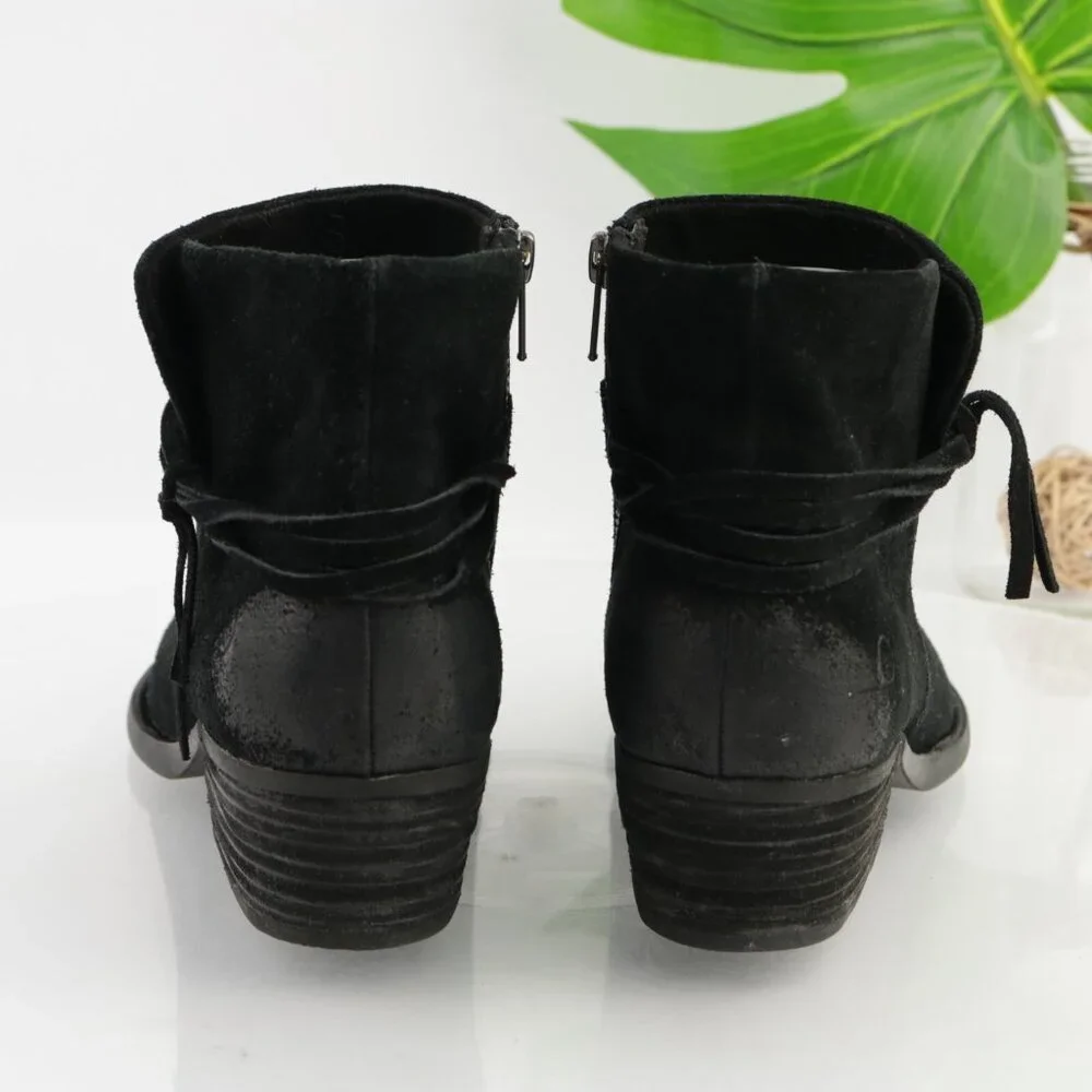 Born Womens Isobelle Boots Size 10 Black Suede Distresed Booties Low Heel Fringe